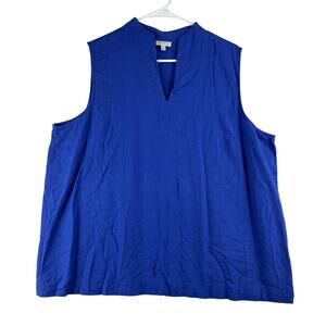 Talbots Sleeveless Blouse Women XL Linen Blend Cobalt Split Neck Minimalist NWOT